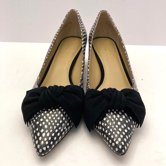 Talbots Sylvie Kitten Heel Bow Pumps Embossed Ocelot Black Leather Womens 8M NEW - Picture 4 of 9